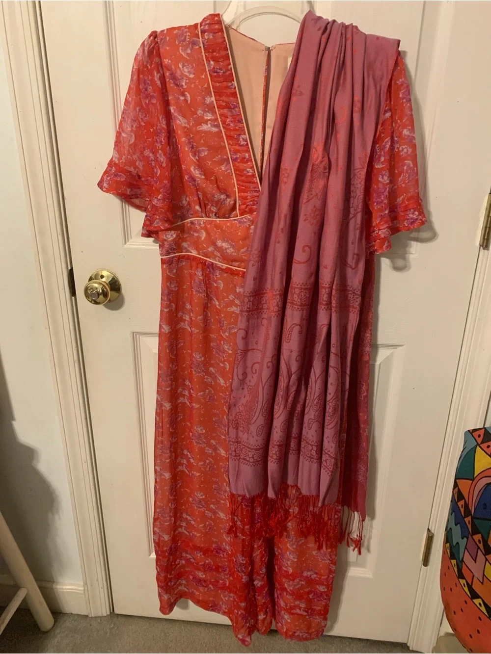 Red Paisley Floral print Pashmina Scarf with fringe